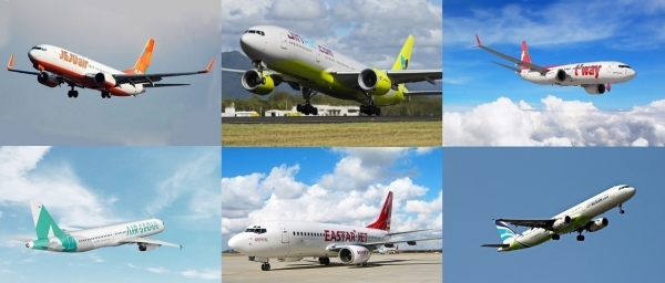 (왼쪽 시계방향으로) 제주항공, 진에어, 티웨이항공, 에어부산, 이스타항공, 에어서울 항공기. 사진=각 사 제공