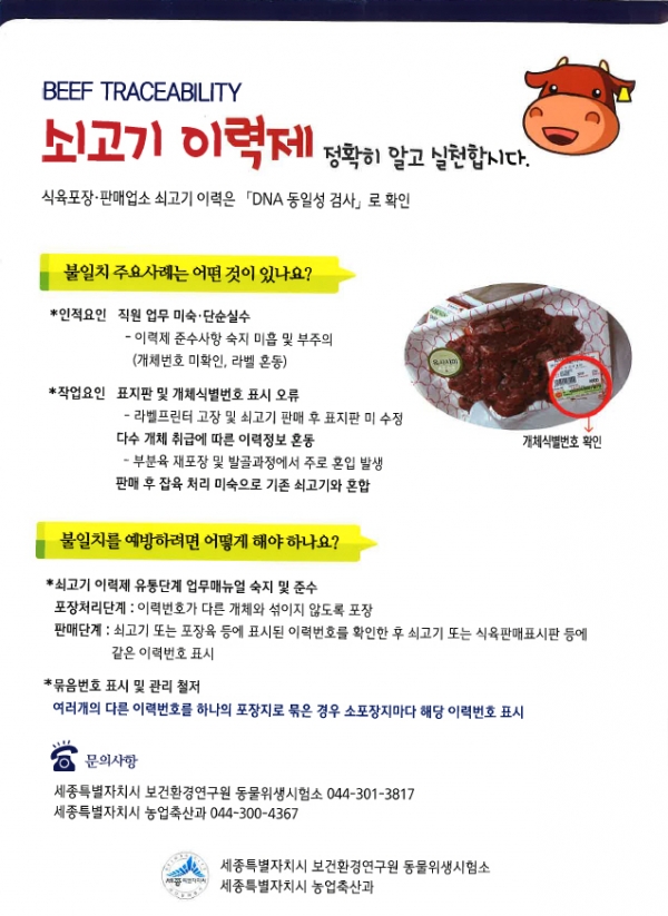 부정 축산물 유통,예방일환으로 쇠고기이력제 홍보리플릿배포.제공=세종시