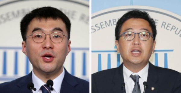 국회 정론관에서 각각 기자회견하는 김남국 변호사(왼쪽)와 금태섭 의원(오른쪽) 사진=연합뉴스
