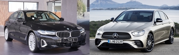 BMW 뉴 523d(왼쪽)와 더 뉴 E클래스(오른쪽). 사진=각 사 제공
