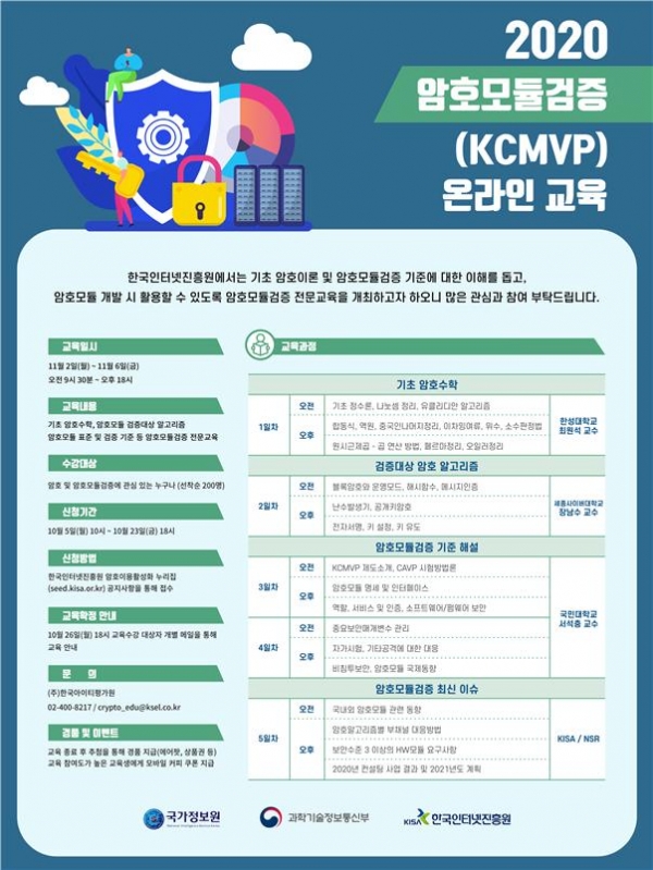 한국인터넷진흥원(KISA)이 국가정보원, 과학기술정보통신부와 함께 암호모듈검증 시장 활성화 및 전문인력 양성을 위한 ‘2020 암호모듈검증 전문교육’을 오는 11월 2일부터 11월 6일까지 5일 동안 온라인으로 실시한다. 사진=KISA 제공
