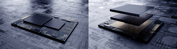 삼성전자가 최첨단 EUV 시스템반도체에 3차원 적층 기술을 업계 최초 적용했다. 사진은 기존 시스템반도체의 평면 설계(왼쪽)와 삼성전자의 3차원 적층 기술 'X-Cube'를 적용한 시스템반도체의 설계. 사진=삼성전자 제공