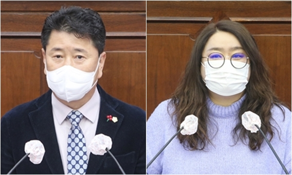 권재욱 의원과 이선우 의원(왼쪽부터)이 제246회 임시회에서 5분 자유발언을 하고 있다.