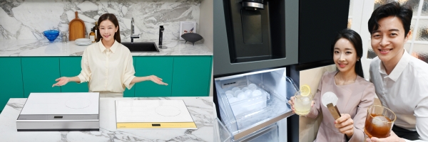 삼성전자 비스포크 인덕션 신제품(왼쪽)과 LG전자 오브제컬렉션 얼음정수기냉장고. 사진=각사 제공