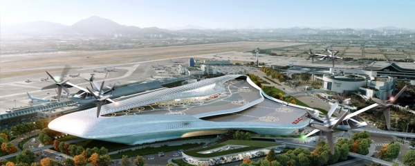 SK텔레콤·한국공항공사·한화시스템·한국교통연구원이 김포공항에 구축을 검토 중인 ‘버티허브’의 조감도. 이는 UAM용 터미널인 ‘버티포트’의 상위개념으로, UAM과 다른 교통수단을 연결하는 역할을 한다. 사진=한국공항공사 제공