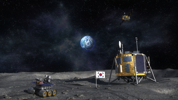 달에 안착한 한국형 달 탐사선과 차륜형 탐사 로봇이 달에서 탐사하는 모습의 상상도. 사진=한국항공우주연구원(KARI) 제공