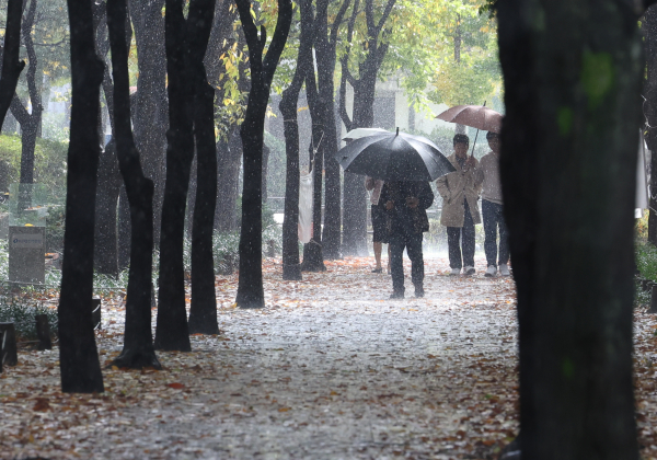 6일 오전 서울 영등포구 여의도공원 인근에서 시민들이 불현듯 비가 오자 우산을 들고 걸어가고 있다.