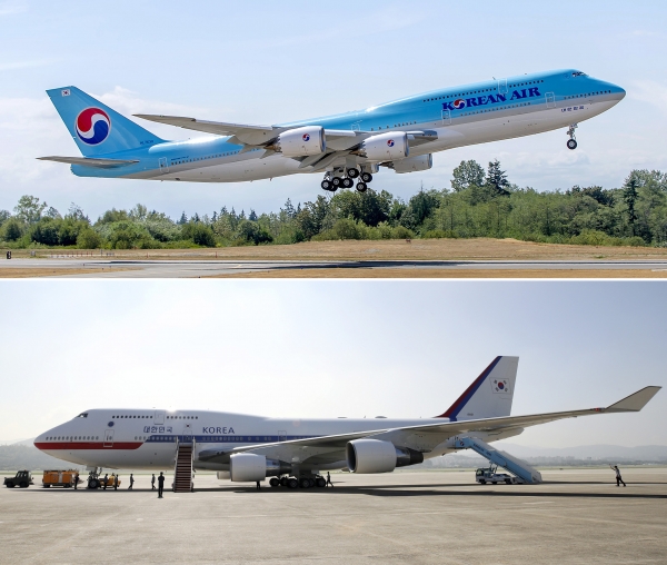 새로운 대통령 전용기가 될 보잉사의 747-8i(위) 기종과 현재 대통령 전용기인 보잉사의 747-400(아래). 사진=연합뉴스