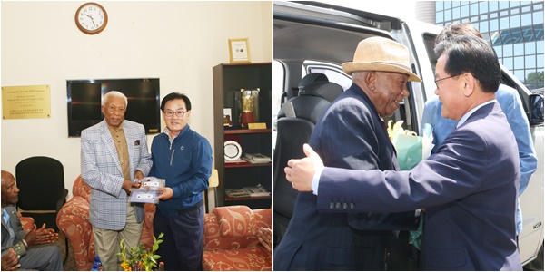 지난 2017년 백선기 칠곡군수가 에티오피아를 방문해 멜레세 회장을 만나 기념촬영을 하고 있다.(왼쪽), 지난 2018년 칠곡군을 방문한 멜레세 회장.